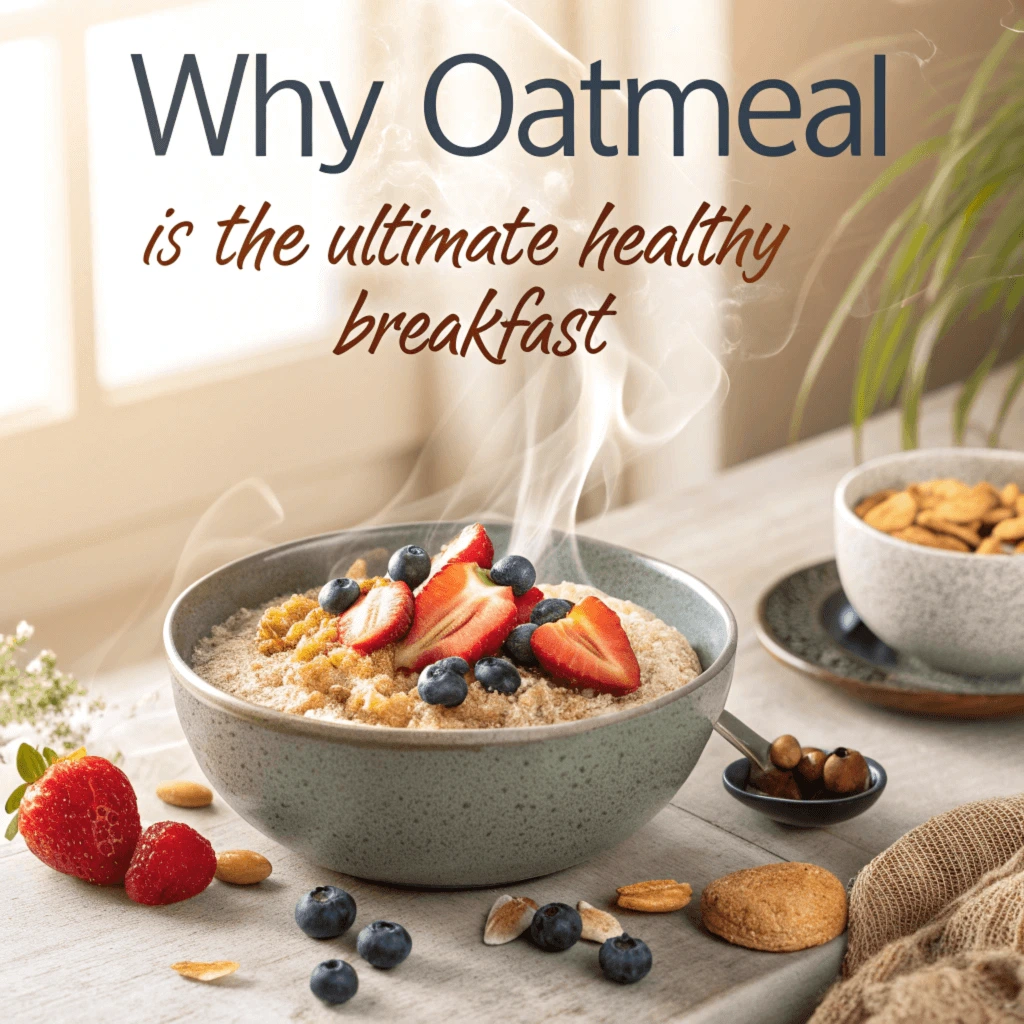 Healthy bowl of oatmeal topped with fresh fruits and nuts for a nutritious breakfast.