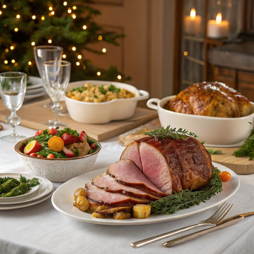 A beautifully roasted turkey garnished with fresh rosemary, orange slices, and cranberries, served alongside a honey-glazed ham on a festive holiday table with elegant decorations.