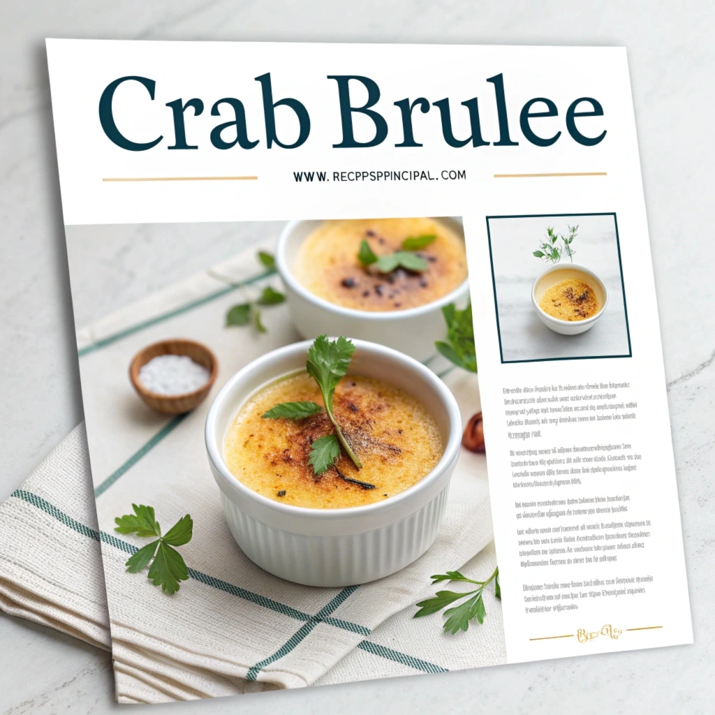 A golden-brown Crab Brûlée served in a ramekin, garnished with fresh herbs and served on a rustic wooden table.