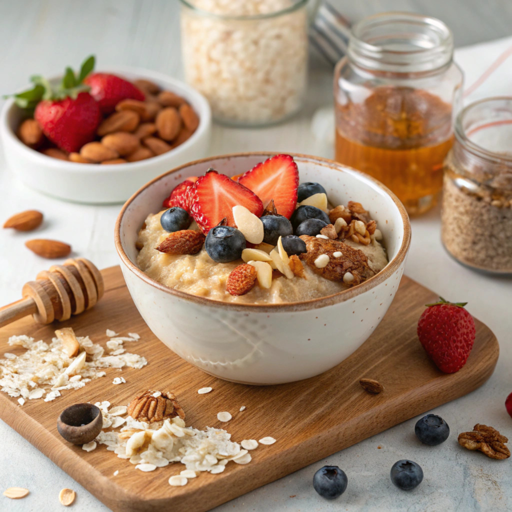 A colorful assortment of oatmeal toppings, including fresh fruits, nuts, seeds, and drizzles of honey or nut butter.