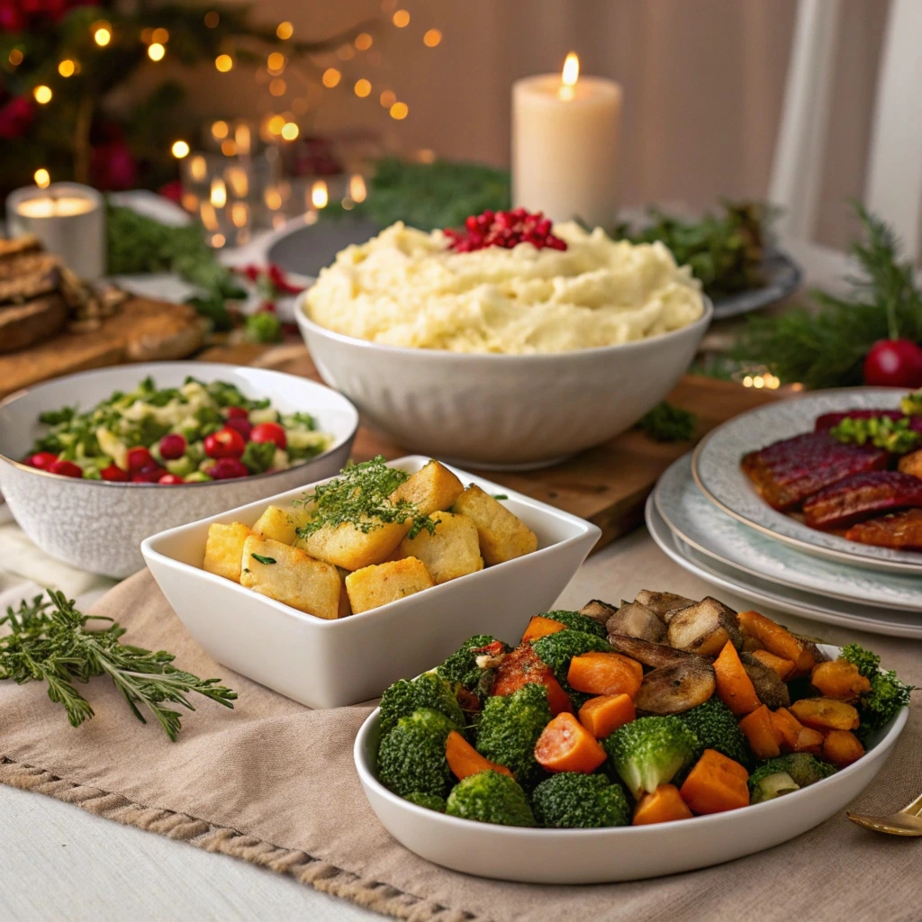 Holiday side dishes including mashed potatoes, green bean casserole, stuffing, roasted Brussels sprouts, and cranberry sauce