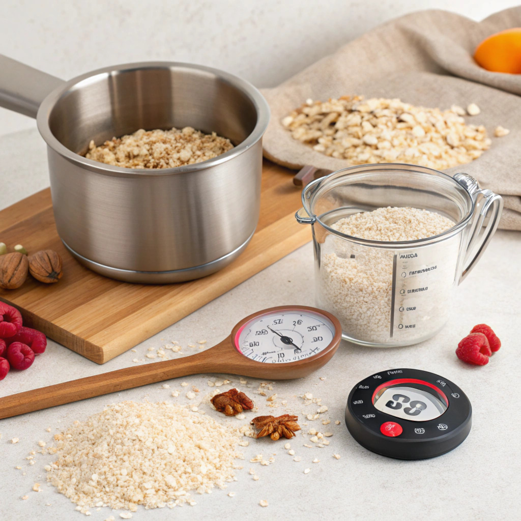 A set of essential tools for making oats, including a saucepan, measuring cups, and a wooden spoon.