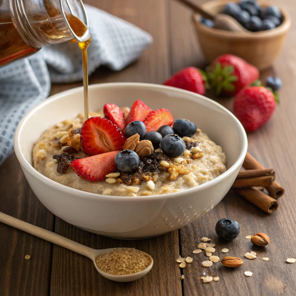 A bowl of creamy oatmeal topped with fresh berries, sliced bananas, chopped nuts, and a drizzle of honey, set on a wooden table with a linen napkin and scattered oats for a rustic breakfast vibe.