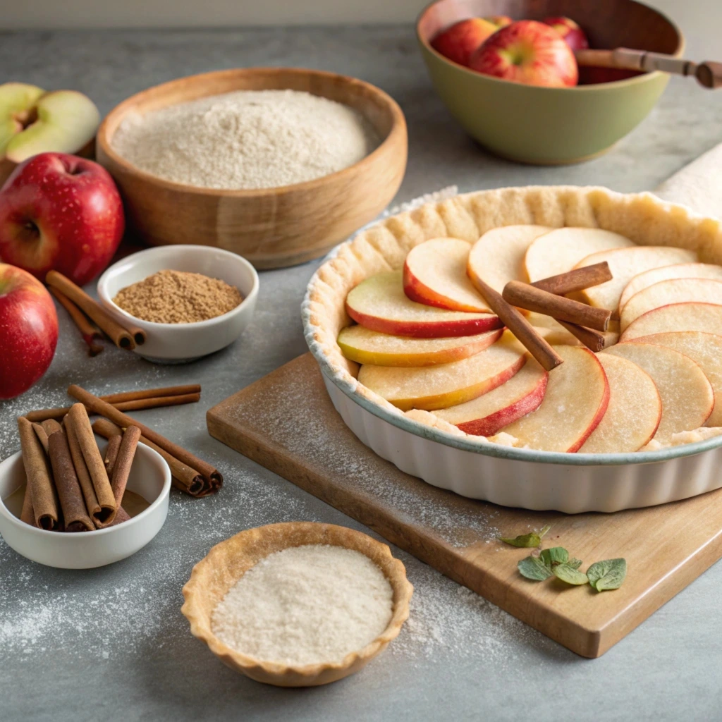 Key ingredients for the perfect apple pie: Granny Smith apples, butter, flour, cinnamon, and sugar.