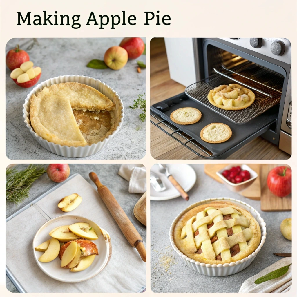 Step-by-step guide to making apple pie: preparing the crust, adding apple filling, and baking to perfection.