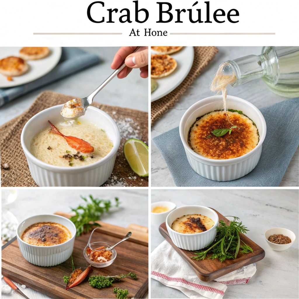  A step-by-step visual of the Crab Brûlée preparation process, showing fresh crab meat, creamy custard being mixed, and the sugar topping being torched.