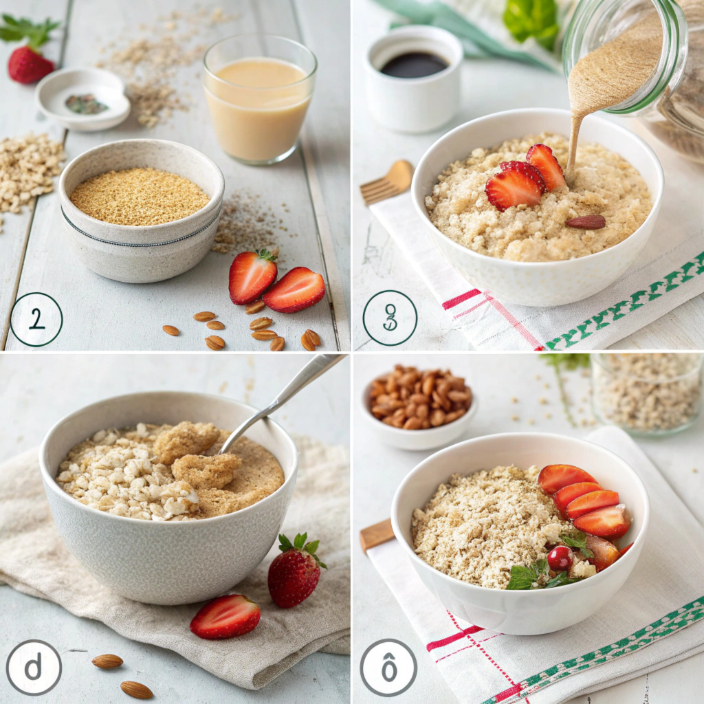 A step-by-step guide to making oats, featuring a saucepan, oats, milk, and toppings arranged neatly on a countertop.