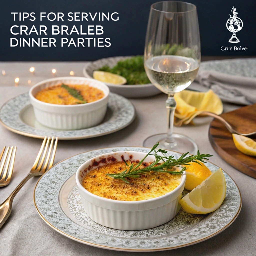  A perfectly presented Crab Brûlée in a ramekin, garnished with fresh herbs and served on an elegant table setting with fine dinnerware and candles.