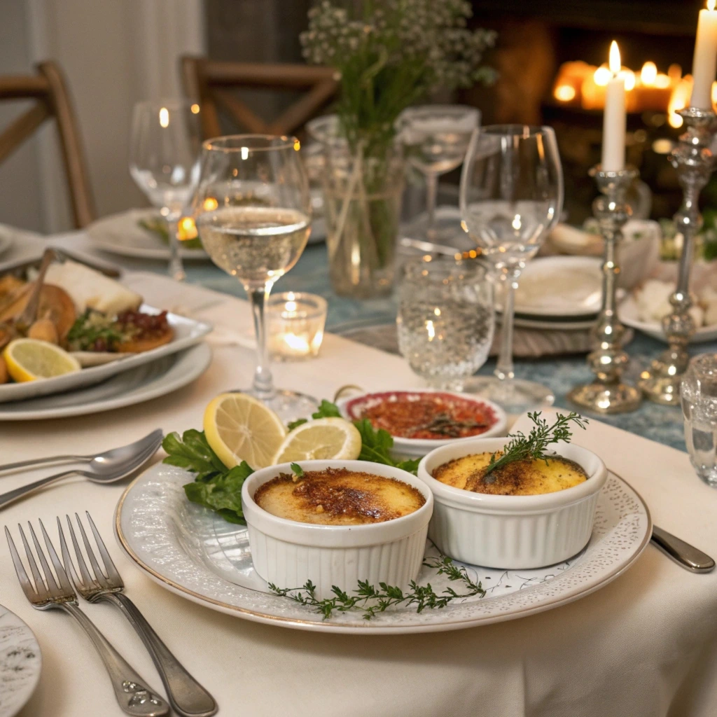 A trio of Crab Brûlée variations, including one topped with truffle shavings, another with fresh herbs, and a third with a spicy chili garnish, displayed on a sleek black platter.