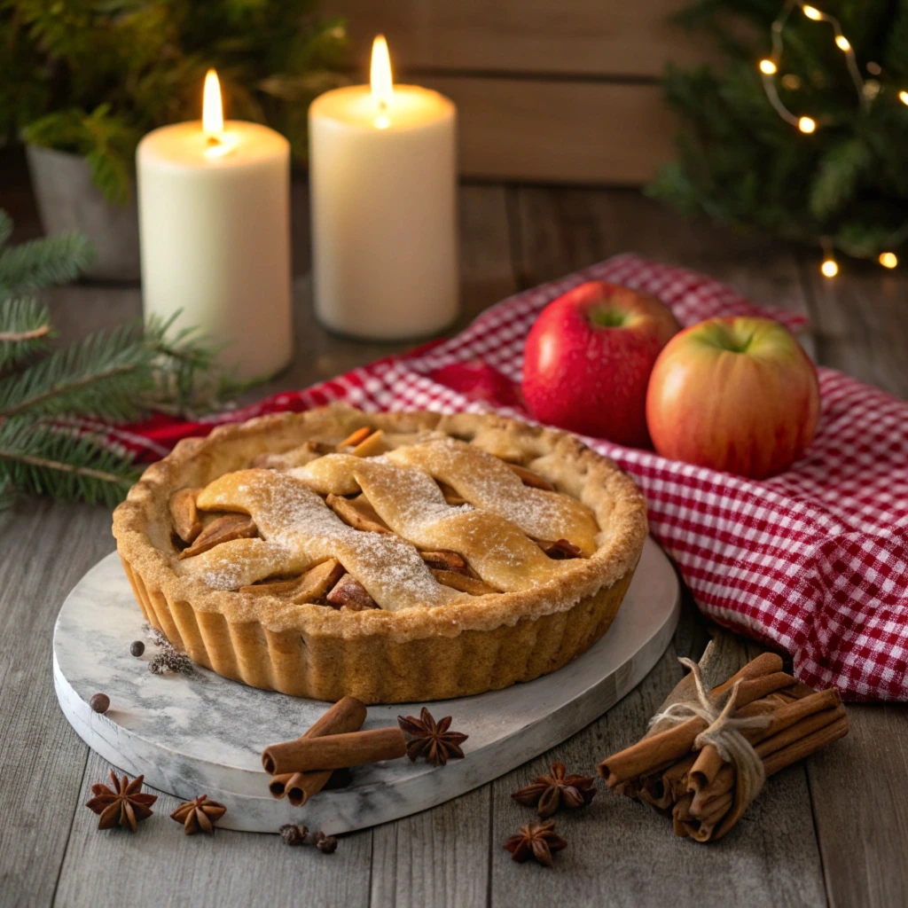 A delicious homemade apple pie, perfect for New Year’s celebrations, with a golden, flaky crust and warm, inviting filling.