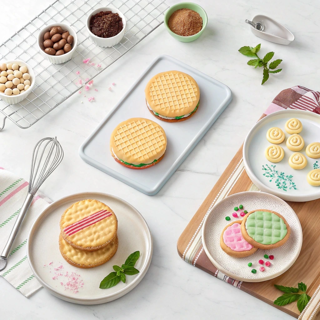 Three types of wafer cookies on a serving plate: chocolate-dipped, cream-filled, and colorful layered wafers.