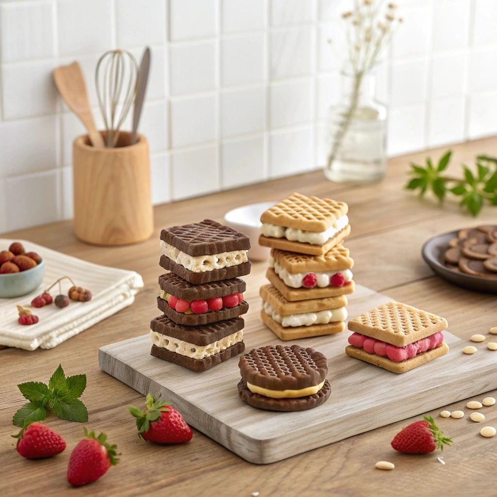 A selection of wafer cookies including chocolate-filled, vanilla cream, strawberry layered, caramel-dipped, and matcha-flavored varieties.