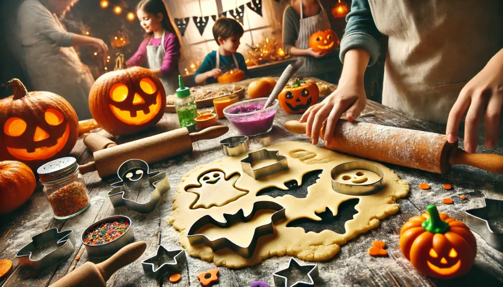 Halloween cookie cutters in spooky shapes like pumpkins, ghosts, and bats on a kitchen counter with festive decorations.