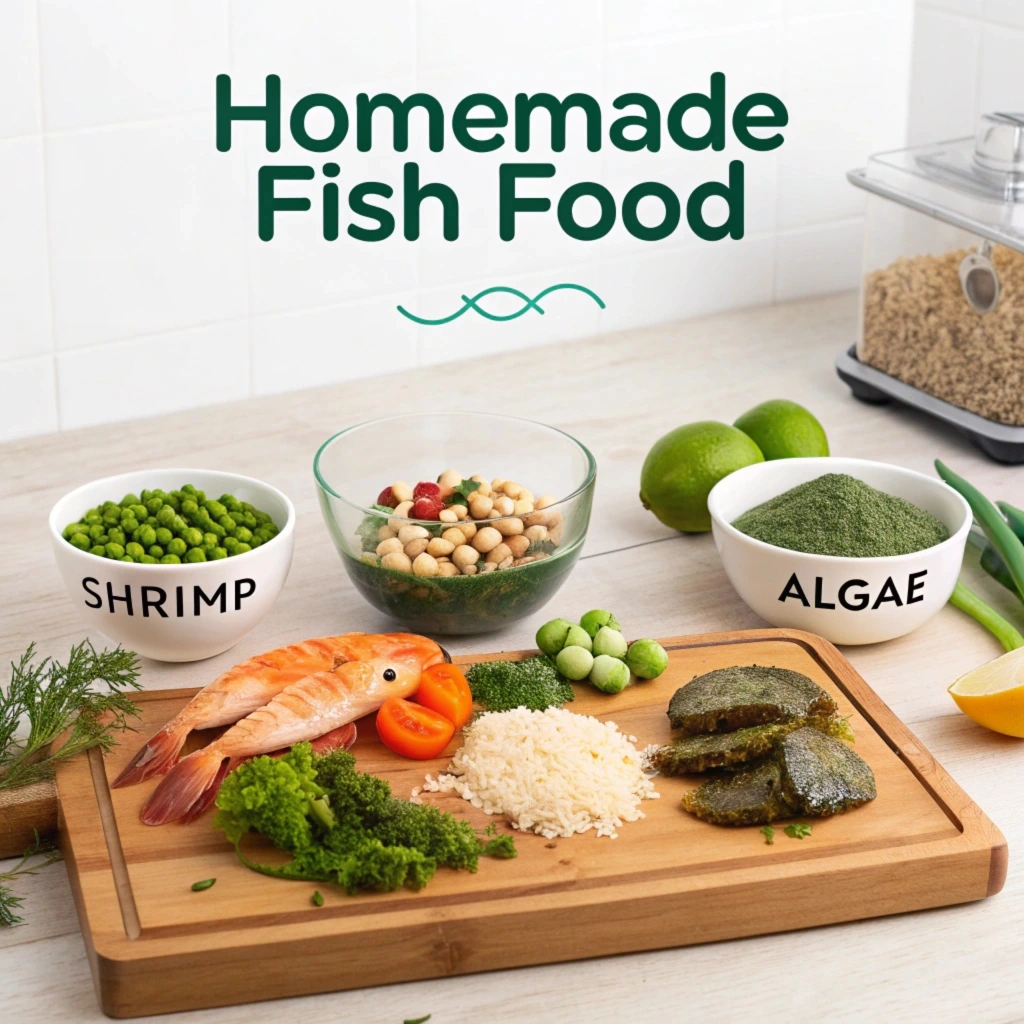 A selection of nutritious ingredients for homemade fish food, including brine shrimp, daphnia, spirulina, and fresh vegetables.