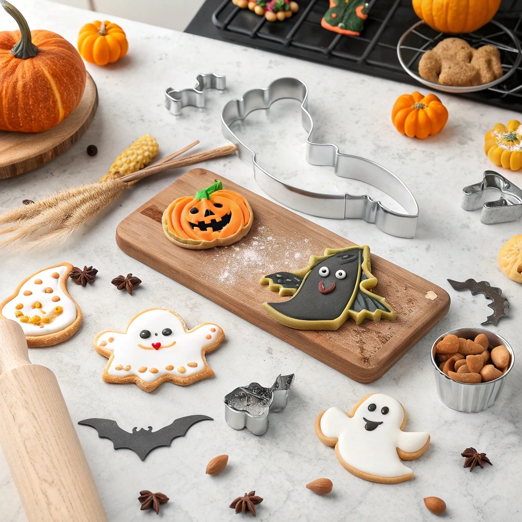 Assorted Halloween cookie cutters made of stainless steel, plastic, and silicone, displayed with festive dough shapes and decorations.