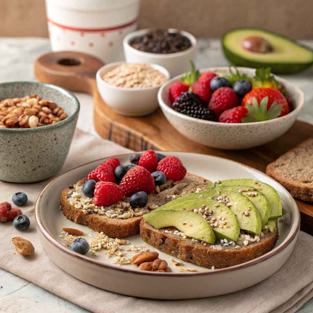 A healthy breakfast spread featuring fiber-rich foods like oatmeal, whole grain toast, fresh fruits, and nuts.