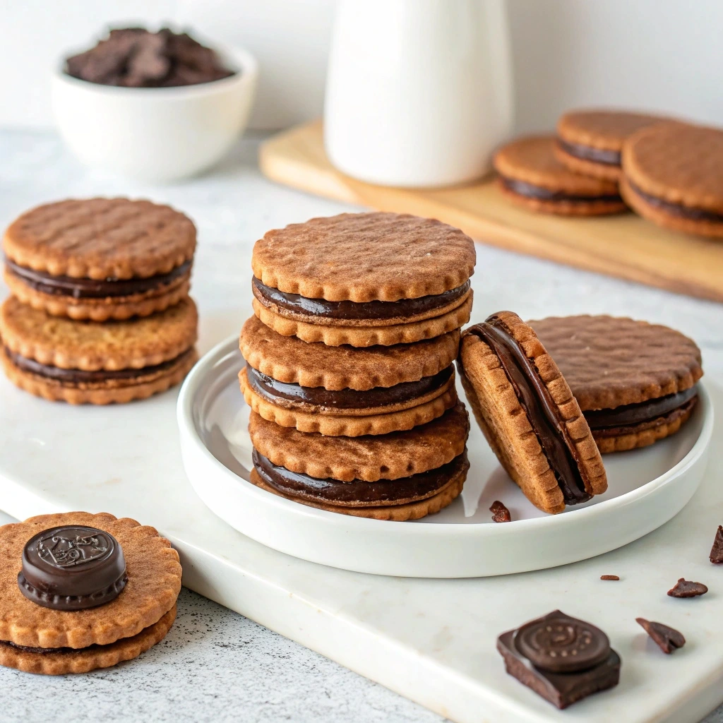 Close-up of a plate of homemade chocolate wafer cookies, showcasing their crisp layers and glossy chocolate drizzle.