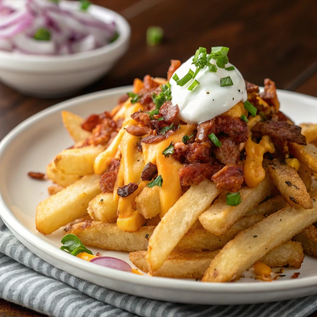 Plate of golden loaded fries topped with melted cheese, bacon bits, and fresh chives, served on a rustic wooden table.