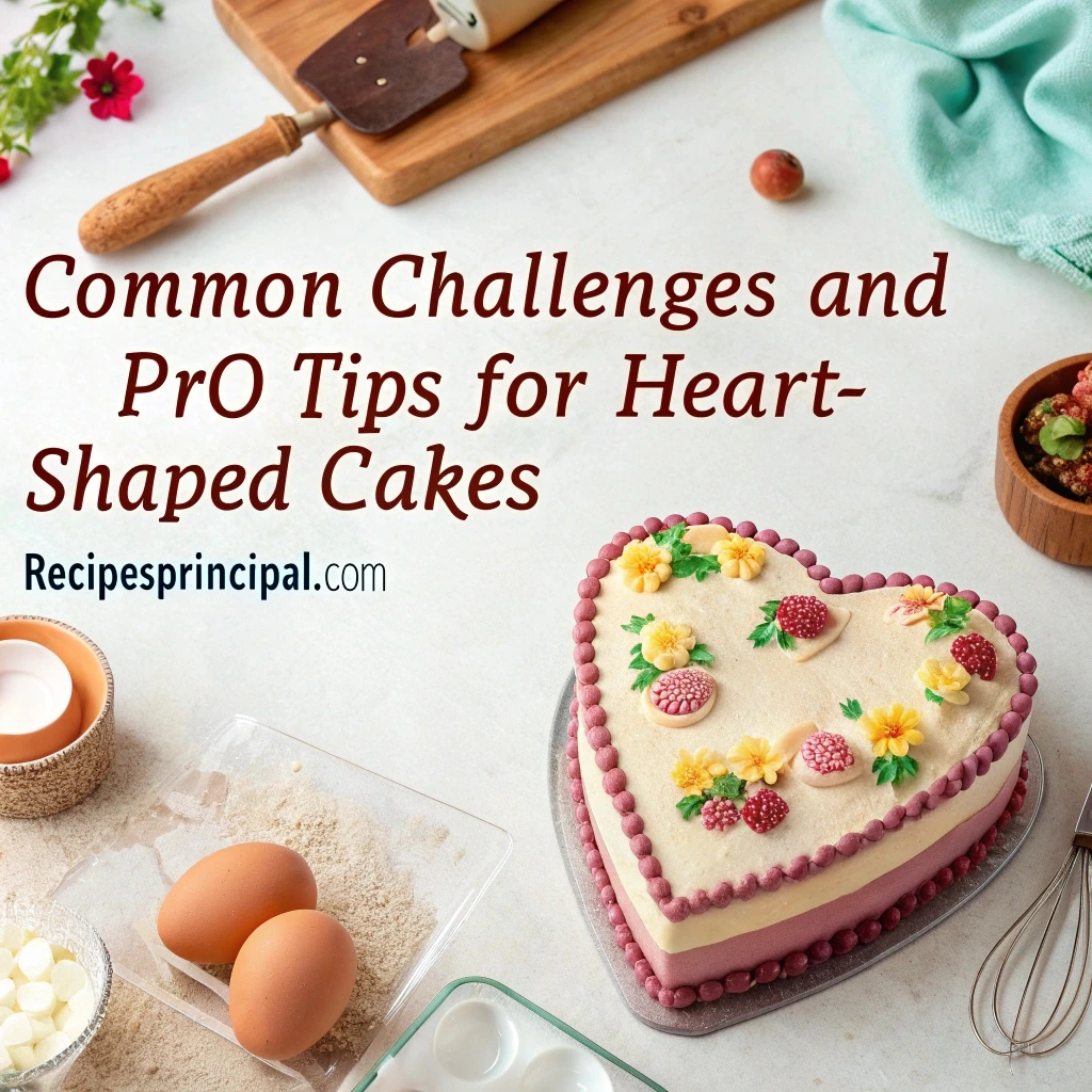 Common challenges and pro tips for heart-shaped cakes, including fixing cracks and preventing sticking.