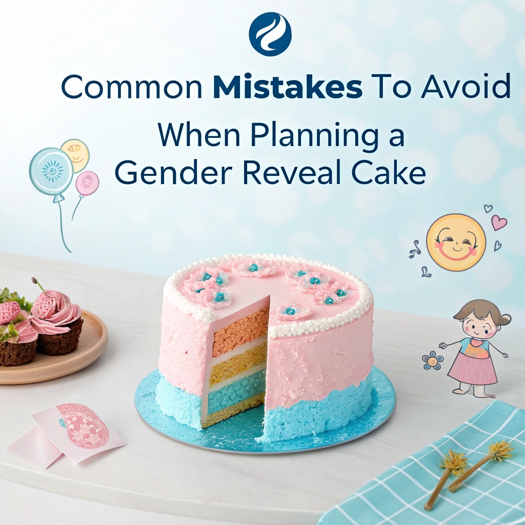 A beautifully decorated gender reveal cake with vibrant blue and pink layers inside, topped with a simple yet elegant design featuring baby shoes and colorful sprinkles.