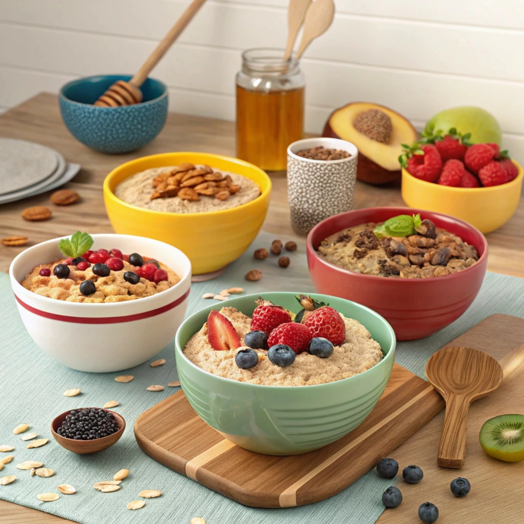 An oatmeal bowl topped with fresh berries, chia seeds, nuts, and a drizzle of honey, showcasing creative and nutritious toppings