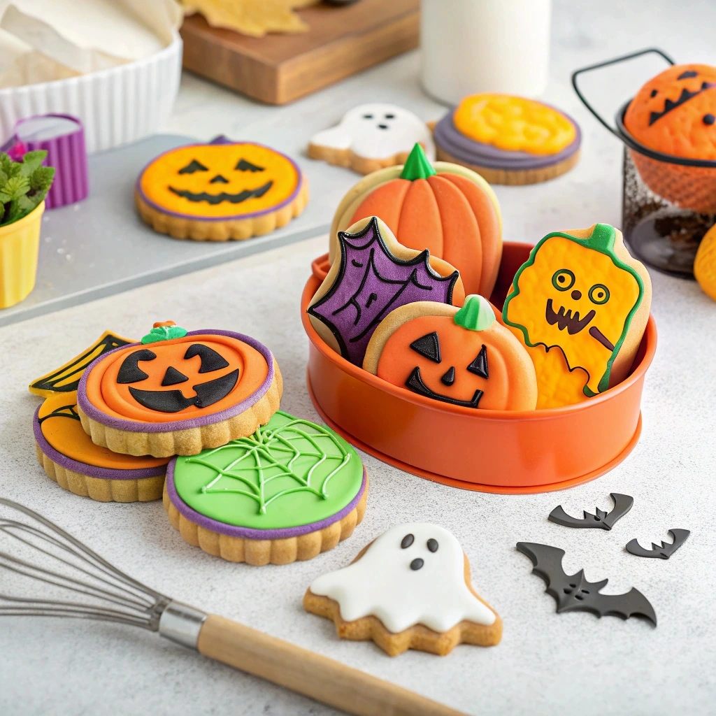 Assorted Halloween cookie cutters shaping sandwiches, pancakes, and fondant alongside spooky DIY crafts and candies.