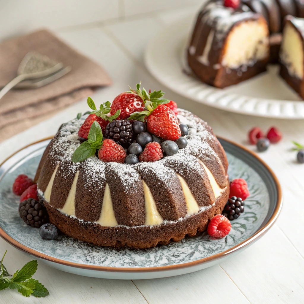 Decorating a chocolate cream cheese pound cake with cocoa powder, whipped cream, and a glossy chocolate glaze.