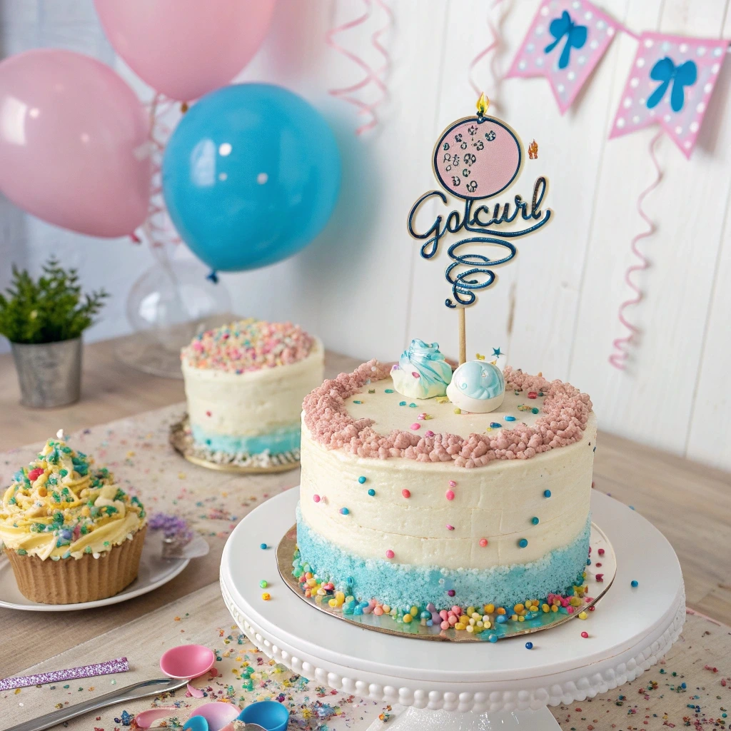 A beautifully frosted gender reveal cake decorated with pastel buttercream, sprinkles, and a “Boy or Girl?” cake topper on a festive table.