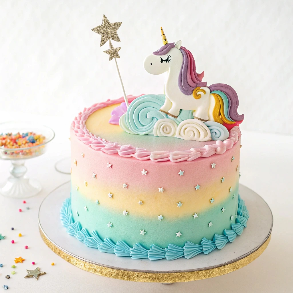 Decorating a unicorn cake with colorful frosting and details