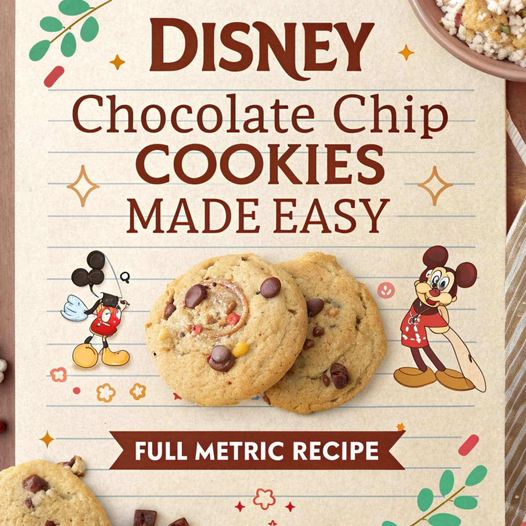 A stack of freshly baked Disney chocolate chip cookies on a rustic wooden table, with a glass of milk and a measuring scale showcasing metric measurements in the background.