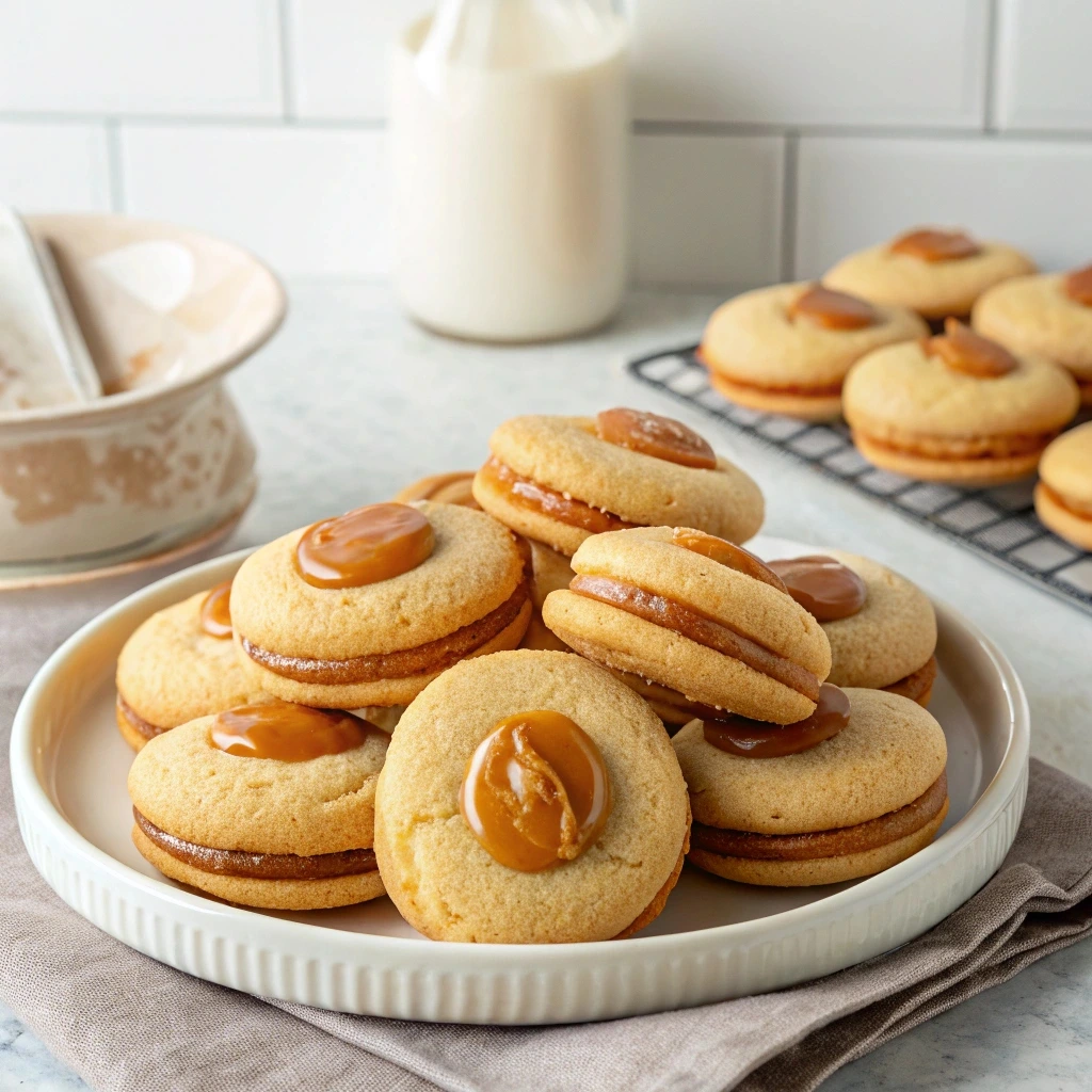 A plate of freshly baked chocolate chip drop cookies arranged neatly on a rustic wooden table.