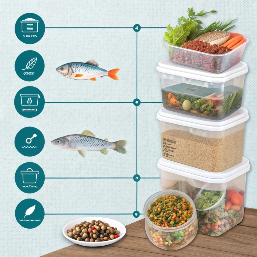 A selection of nutritious ingredients for homemade fish food, including brine shrimp, daphnia, spirulina, and fresh vegetables.