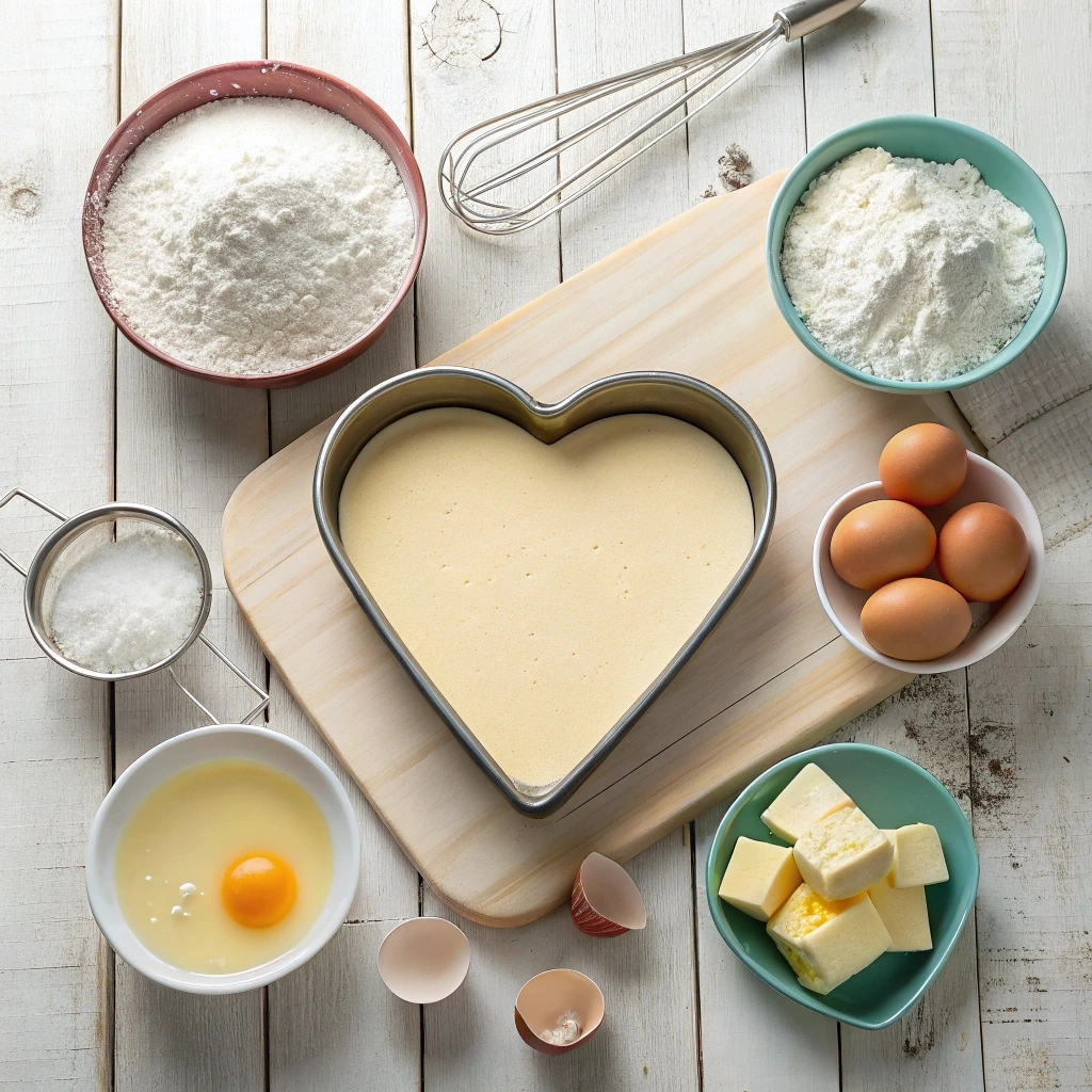 An assortment of cake ingredients, including flour, sugar, eggs, butter, and milk, laid out on a countertop with a heart-shaped cake pan.