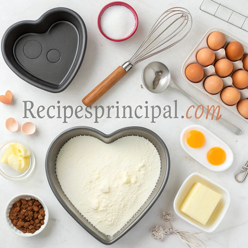 Essential tools and ingredients needed to bake a perfect heart-shaped cake, including pans, mixing tools, and key ingredients.