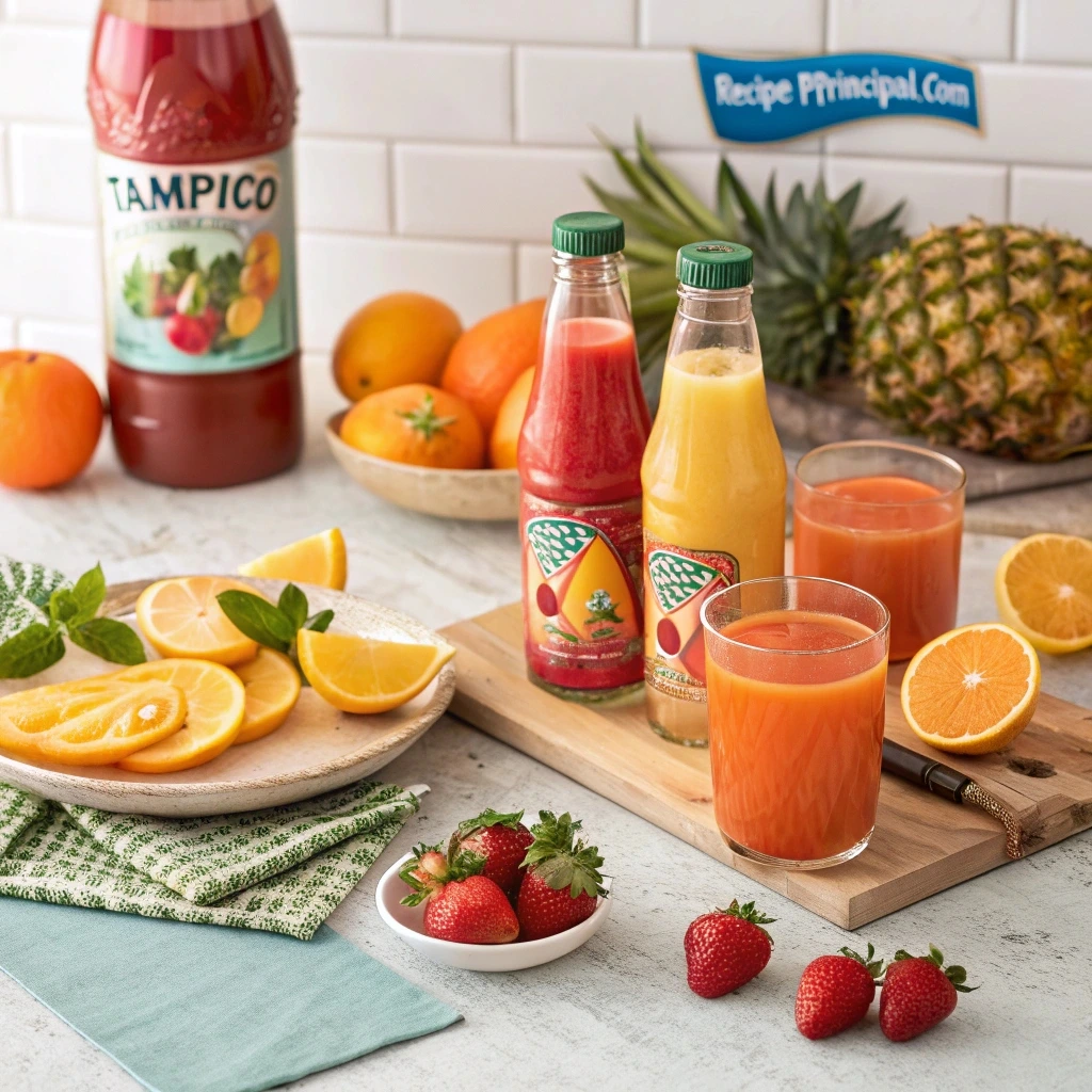 A colorful arrangement of Tampico juice bottles surrounded by fresh fruits representing their flavors, such as oranges, mangoes, berries, and limes.