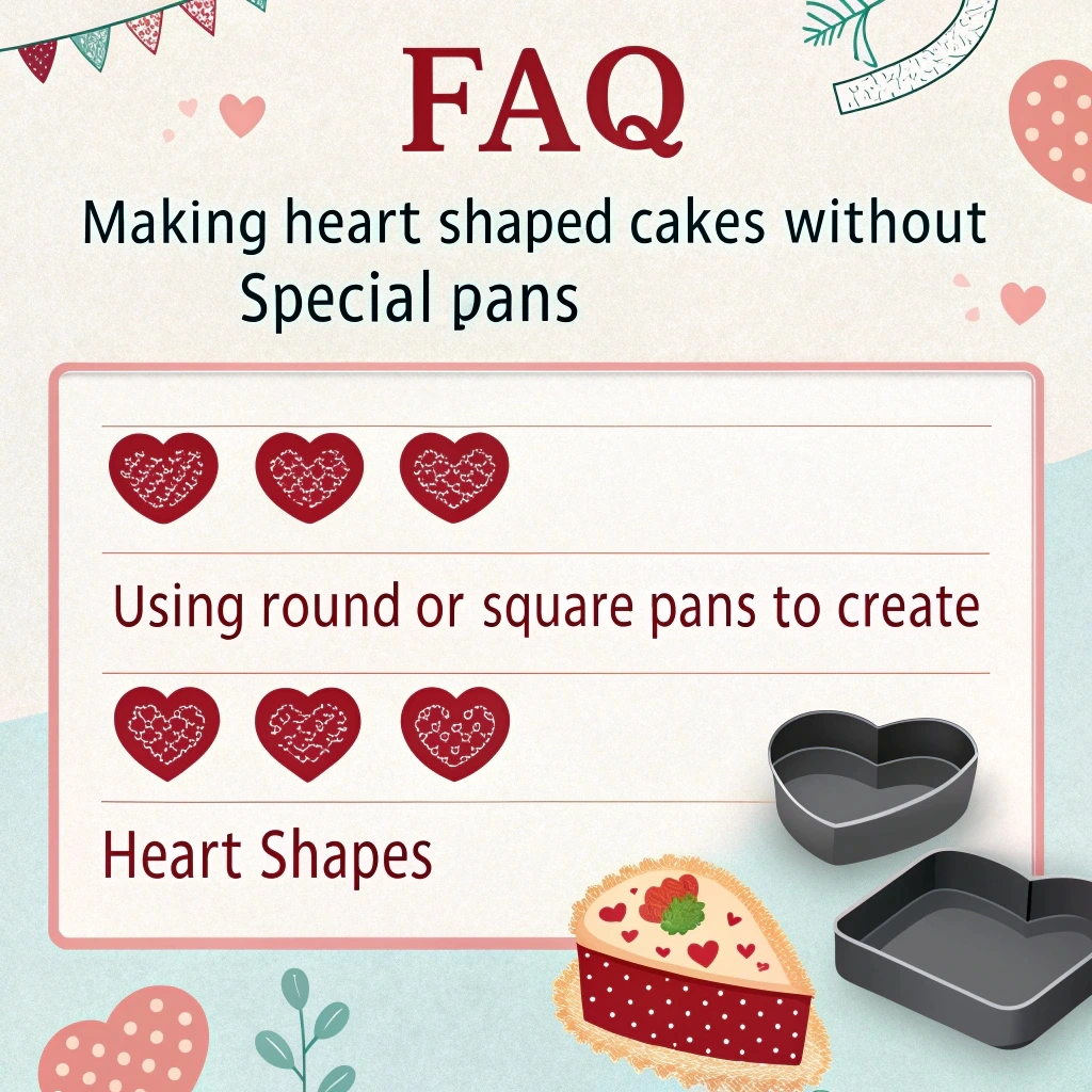 Heart-shaped cake surrounded by question cards and baking tools, addressing FAQs about making the cake without a special pan.