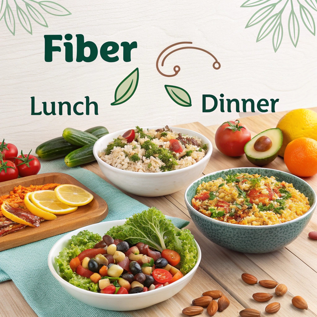 A variety of fiber-rich lunch and dinner dishes, including quinoa salad, roasted vegetables, whole grain pasta, and bean stew.