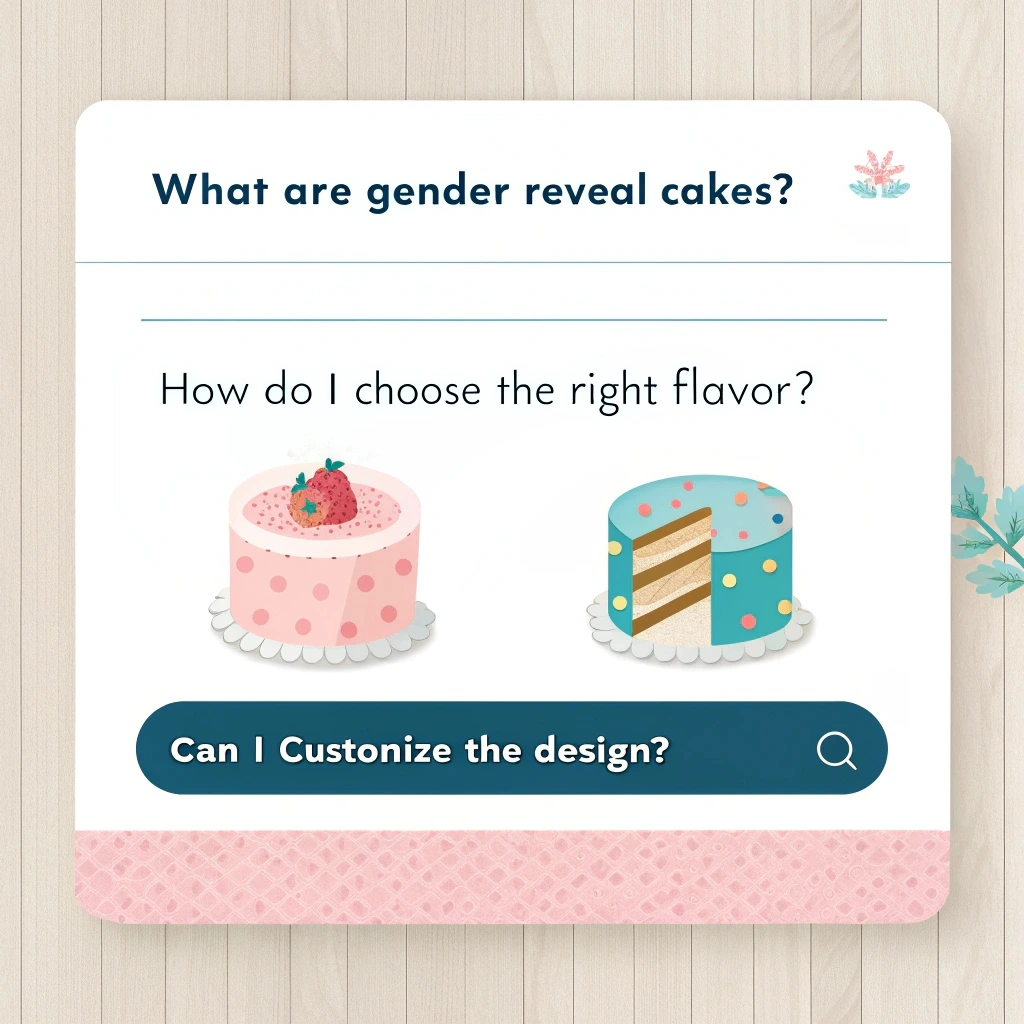 FAQs about gender reveal cakes, with a decorated cake and helpful answers for making the process easier.