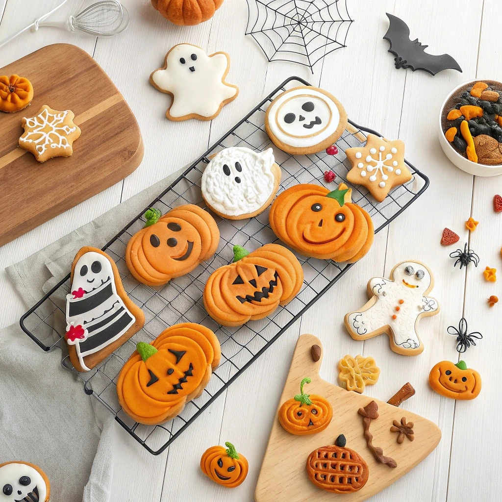 Assorted Halloween cookie cutters in shapes of pumpkins, ghosts, bats, and witches on a rustic countertop with flour and festive decorations.