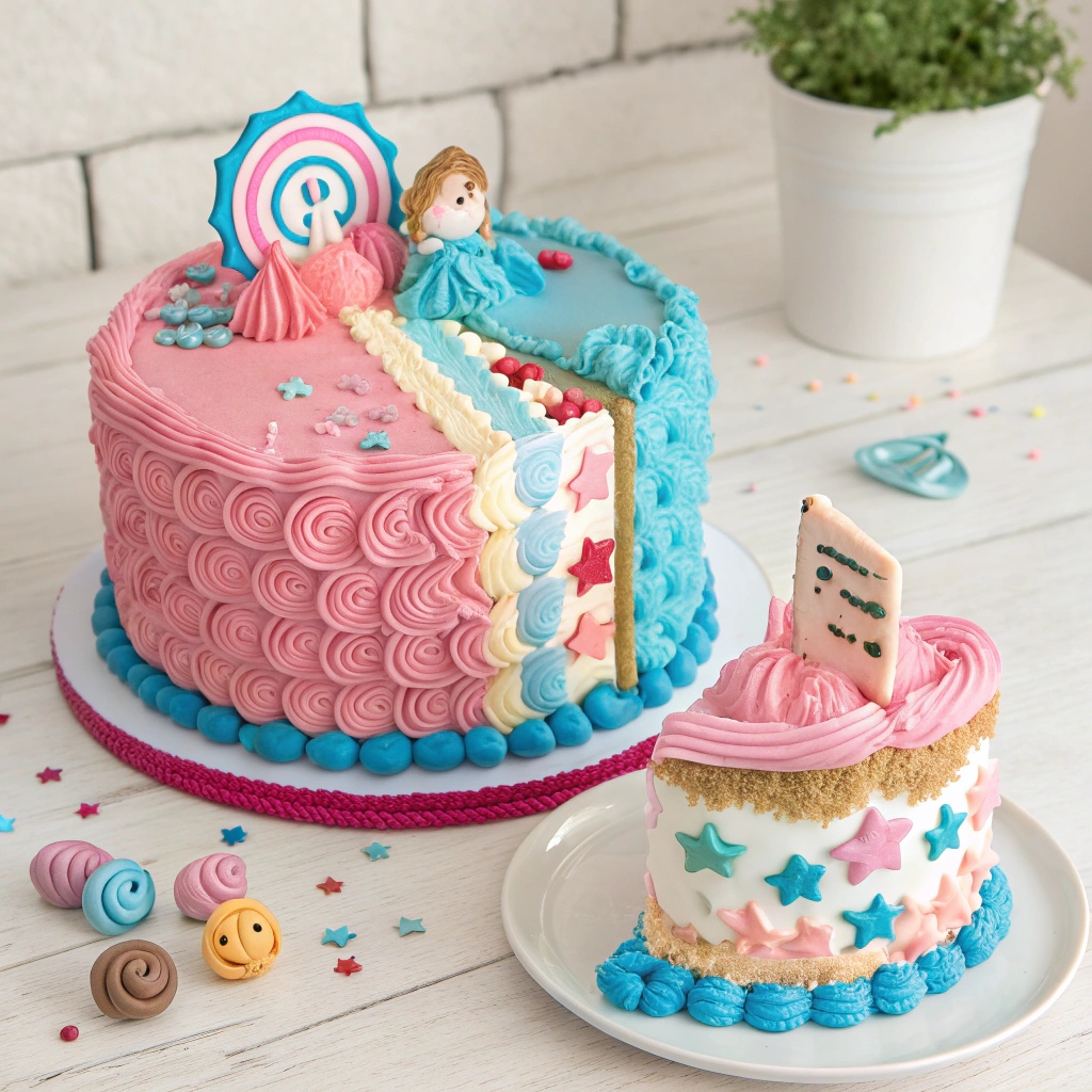 Vibrant and fun gender reveal cakes with colorful designs, playful themes, and exciting hidden surprises.