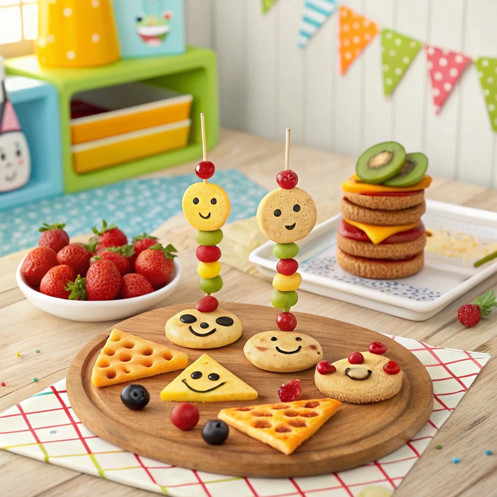 Fun and creative snacks for kids, including banana peanut butter bites, apple nachos, and veggie animals, all designed to be playful and nutritious.