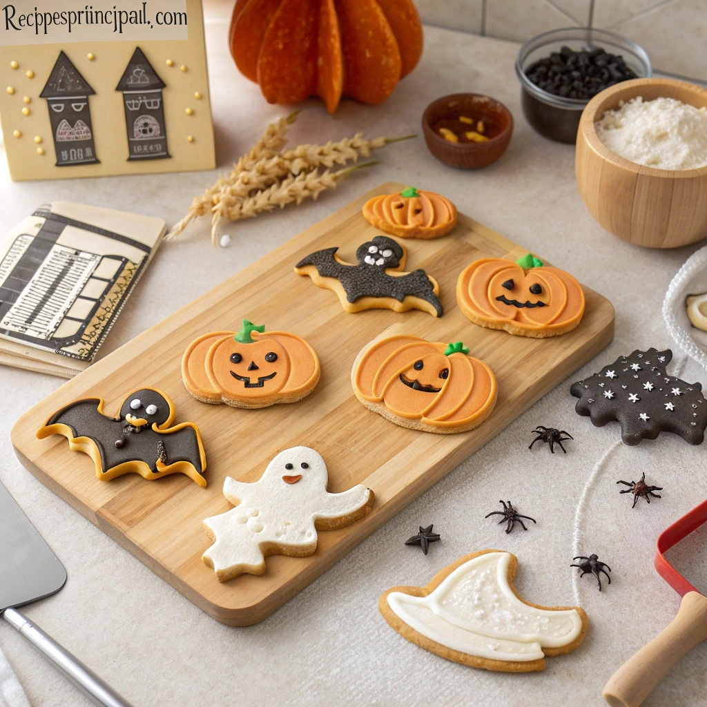 A collection of fun Halloween-themed cookie cutters, including shapes like pumpkins, ghosts, bats, and witches, placed on a wooden countertop with dough and cookies in progress.