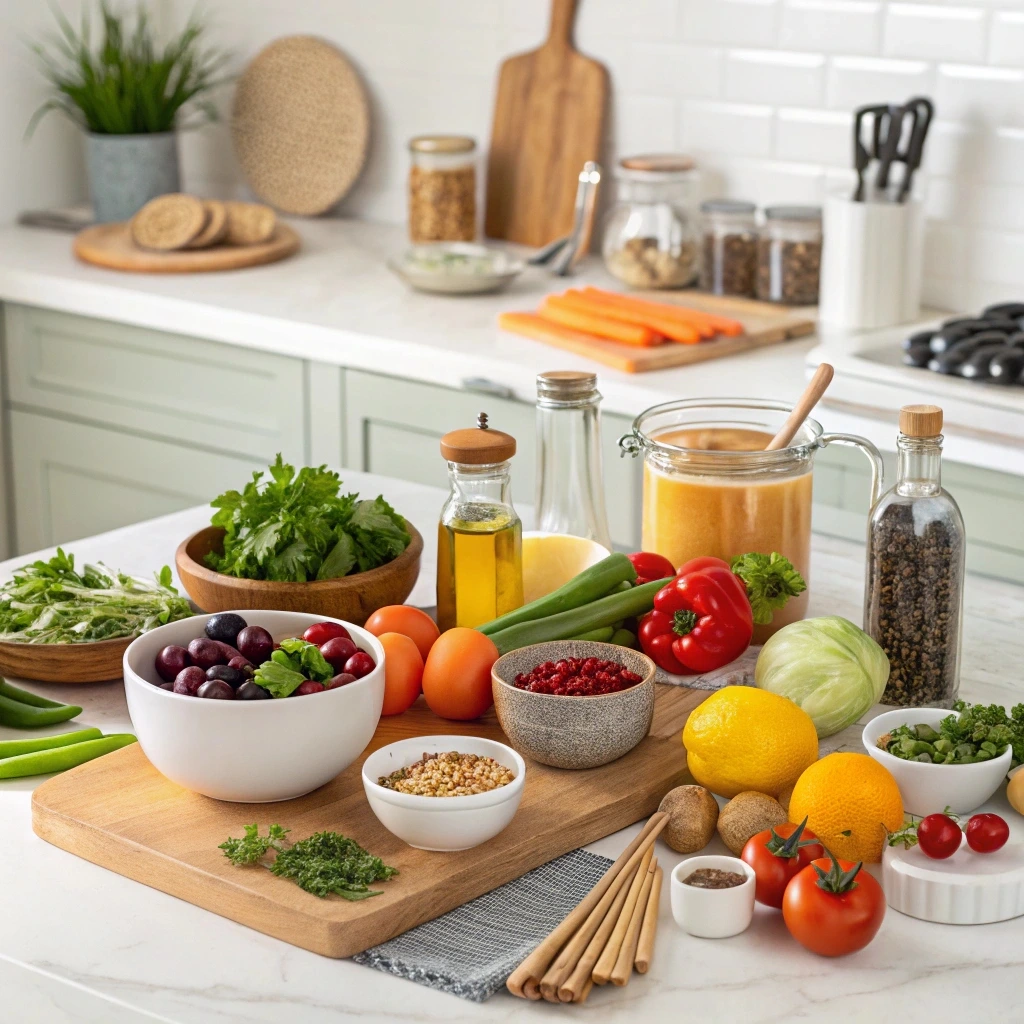  neatly arranged display of baking ingredients like flour, eggs, sugar, butter, and food coloring, alongside tools such as a whisk, mixing bowls, and cake pans on a kitchen countertop.