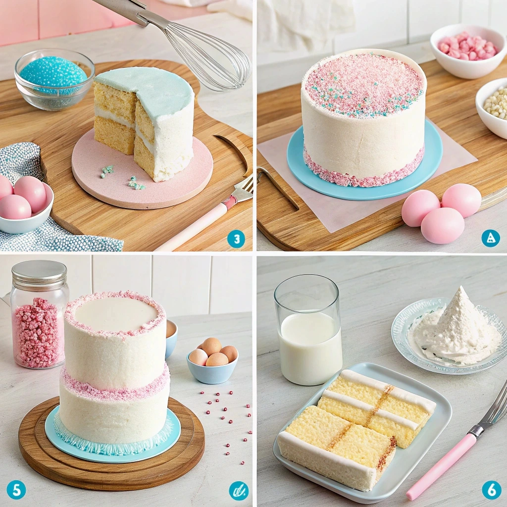 A pastel-colored gender reveal cake being decorated with pink and blue frosting, surrounded by baking tools like piping bags, sprinkles, and a cake stand.