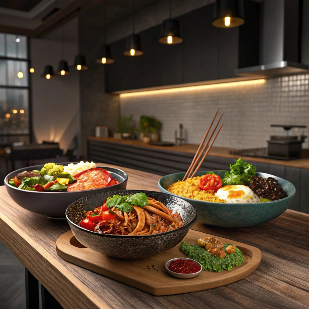 A plate showcasing gourmet loaded fries with three unique combinations: Truffle Parmesan Fries, BBQ Pulled Pork Fries, and Mediterranean Loaded Fries, served on a wooden table.