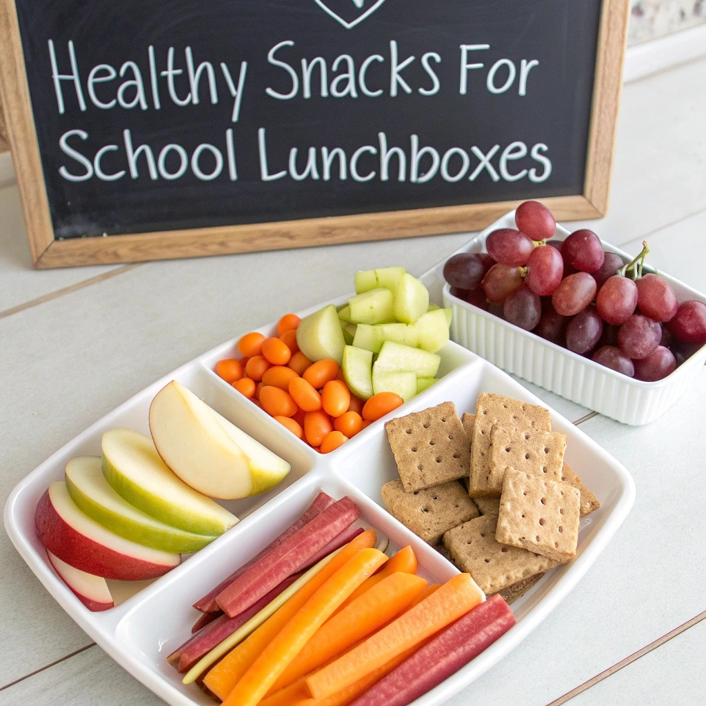 Healthy snacks for school lunchboxes, including homemade granola bars, Greek yogurt parfaits, and cheese with whole-grain crackers.