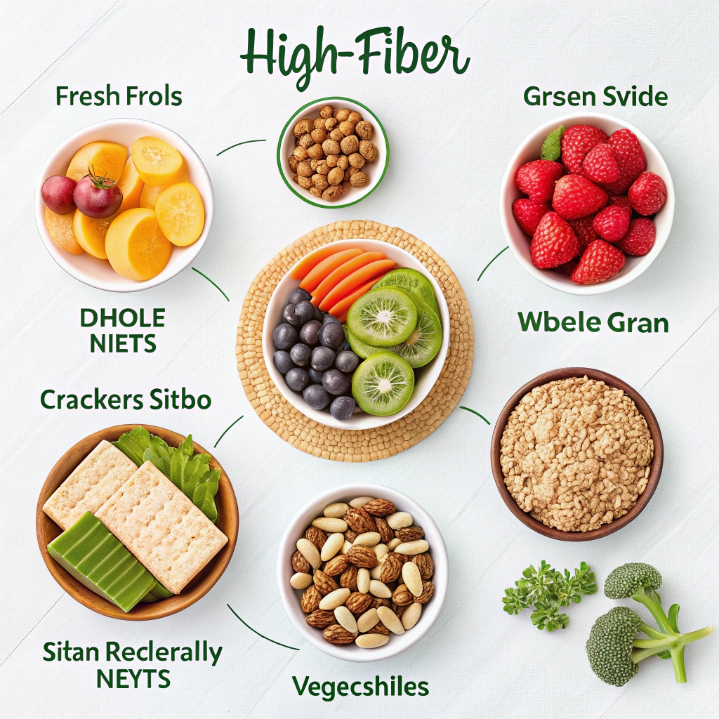  A selection of high-fiber snacks and side dishes, including mixed nuts, chia pudding, fresh fruit, whole grain crackers, and roasted chickpeas.