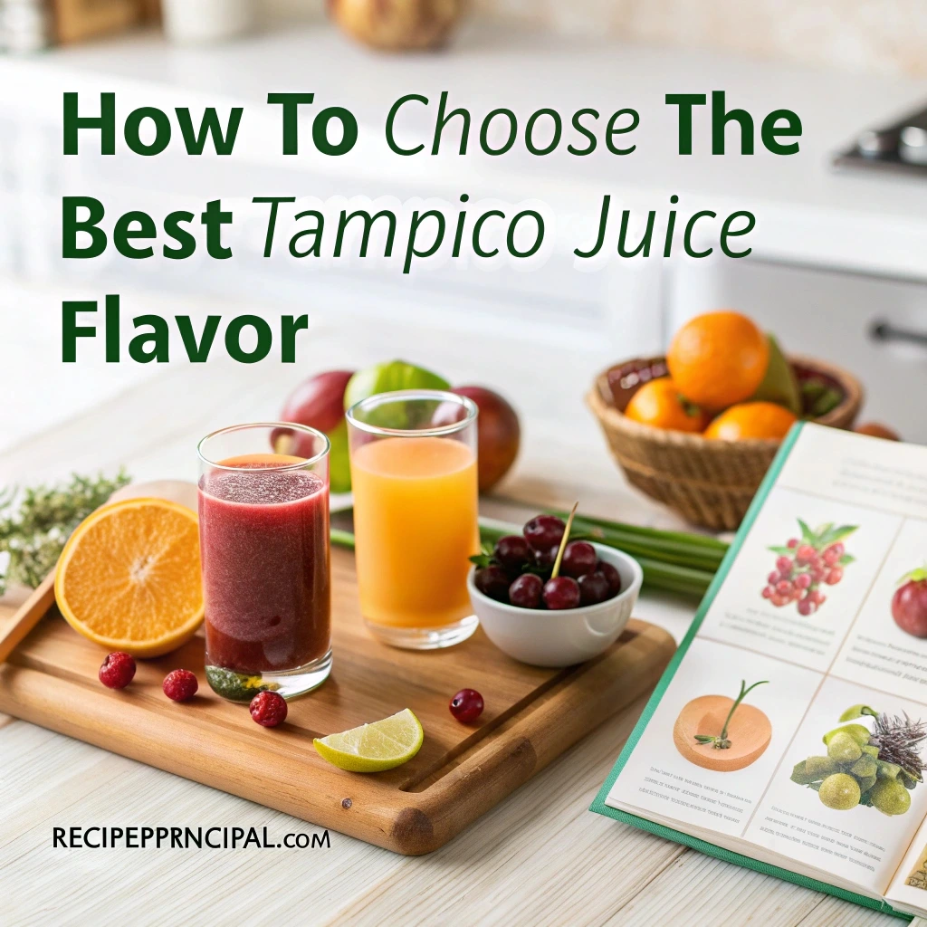 A person selecting their favorite Tampico juice flavor from a range of colorful bottles, with fruit slices and glasses of juice on a kitchen counter.