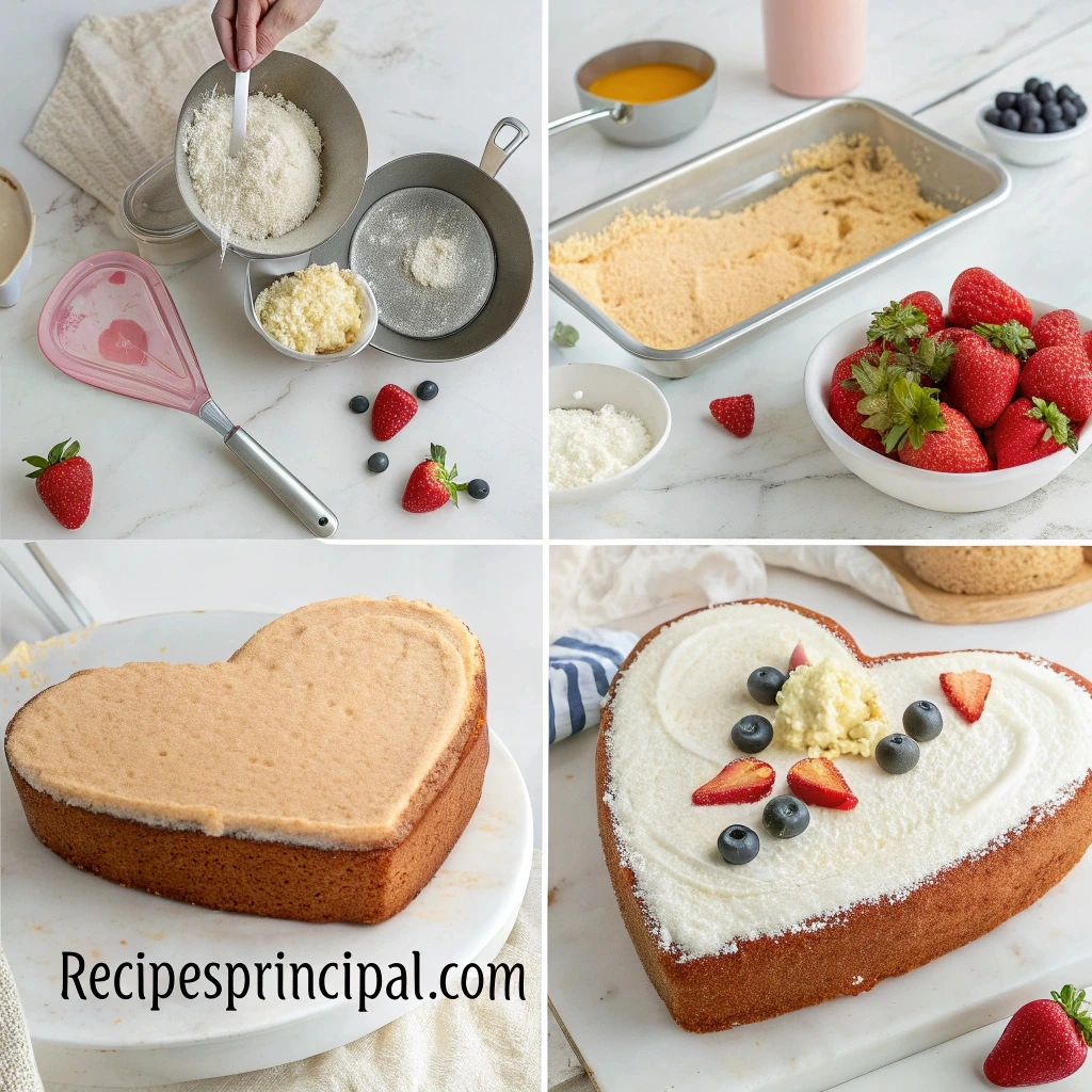 A heart-shaped cake decorated with pink frosting and sprinkles, created using a square and round pan, with baking tools in the background.