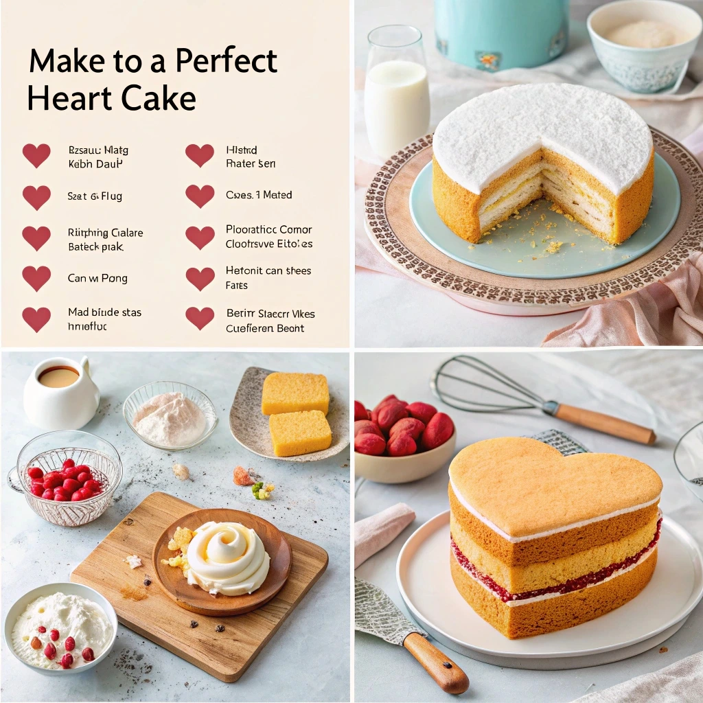 A beautifully decorated heart-shaped cake with frosting, chocolate curls, and fresh berries, showcasing a step-by-step cake-making process.